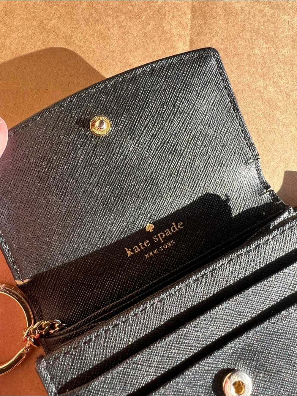 kate spade Black Leather Key Card Wallet with Gold Hardware